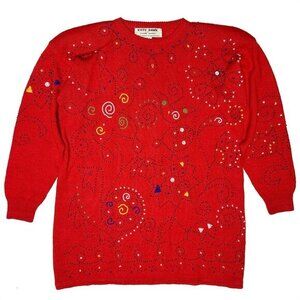 Vintage Beaded Red Tunic Sweater Kitty Hawk Vivian Wang Holiday Folk Art Medium